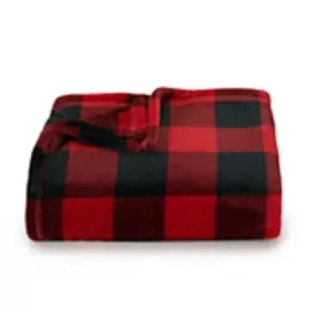 Plaid Blanket Oversized Supersoft Plush Red Black‎ Throw 60 x 72 New